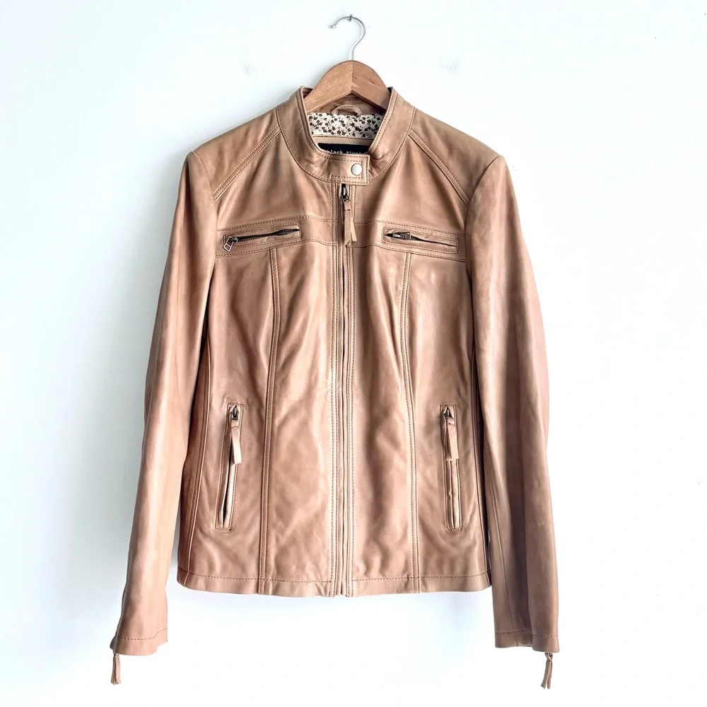 Black Rivet Tan Genuine Soft Leather Moto Jacket Large Biker Streetwear - Picture 2 of 7